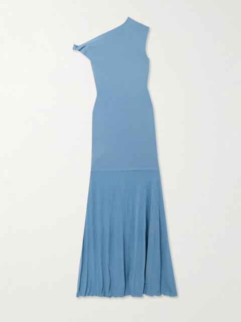 SIR. Twist off-the-shoulder pleated knitted maxi dress Blue