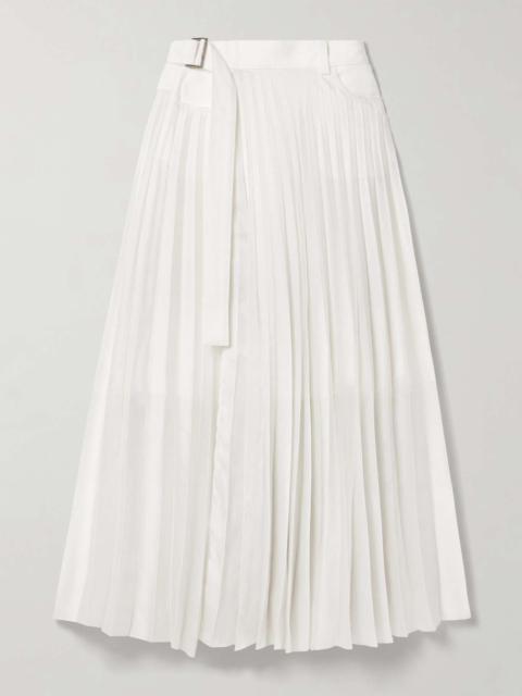Belted denim-trimmed pleated satin midi wrap skirt Off-white