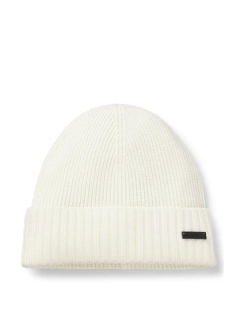 BOSS RIB-KNIT VIRGIN-WOOL BEANIE WITH LOGO PLAQUE