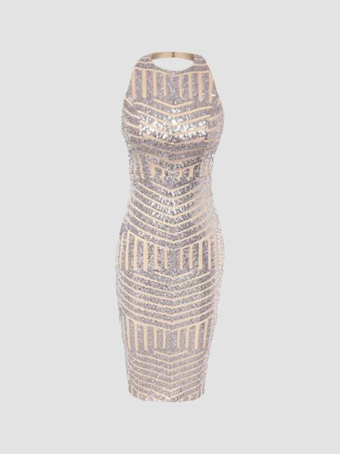 Dress The Population Women's Cleo Sequined Halterneck Midi Dress - Silver Beige