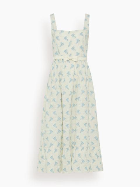 markarian Pansy Tiered Midi Dress with Bow Belt in Ivory and Blue Floral