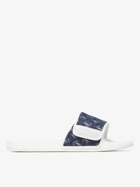 JIMMY CHOO Fitz/M
Navy and White JC Logo Jacquard and White Nappa Leather Slides