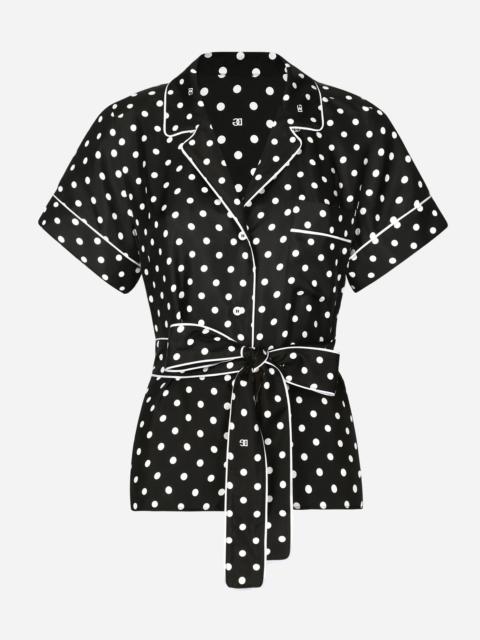 Short-sleeved silk pajama shirt with polka-dot print