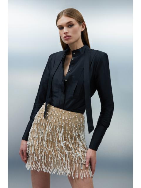 KAREN MILLEN Pearl Tassel Embellished Woven Mini Skirt