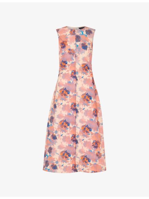 WHISTLES Floral-Print Round-Neck Textured Stretch-Cotton Midi Dress