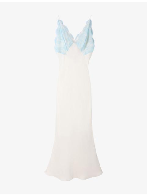 Sandro V-Neck Lace-Trim Satin Maxi Dress