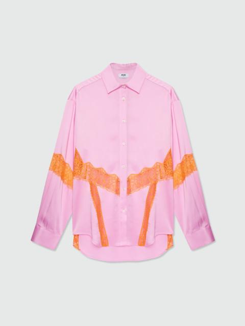 MSGM Pink satin shirt with lace inserts