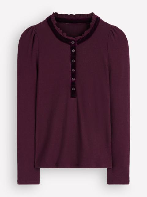 BODEN Velvet Ruffle Trim Henley Top-Dark Cherry