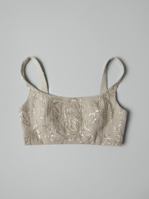 Linen canvas cropped top with dazzling flower embroidery