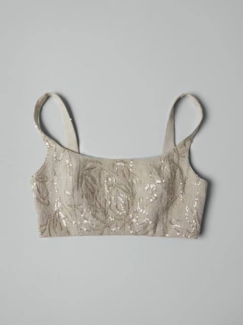 Brunello Cucinelli Linen 화포는 dazzling 꽃 자수를 가진 정상을 자르기
