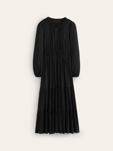 BODEN Smock Tiered Jersey Midi Dress-Black