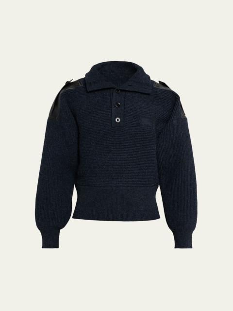 Burberry Men's Wool Half-Placket Leather-Epaulette Turtleneck Sweater