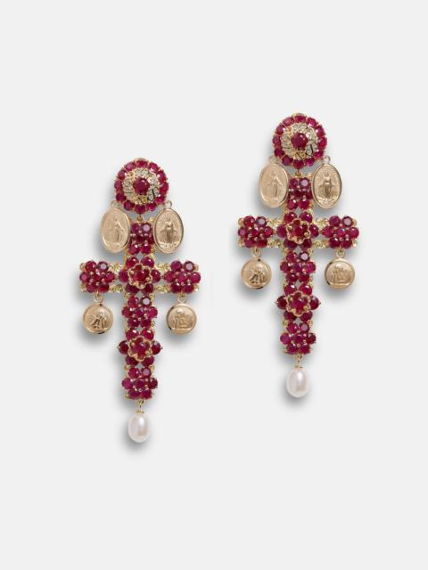 Family yellow gold cross pendant earrings with rubies