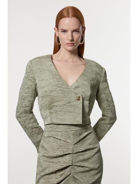 KAREN MILLEN Crinkle Satin Button Front Cropped Tailored Jacket