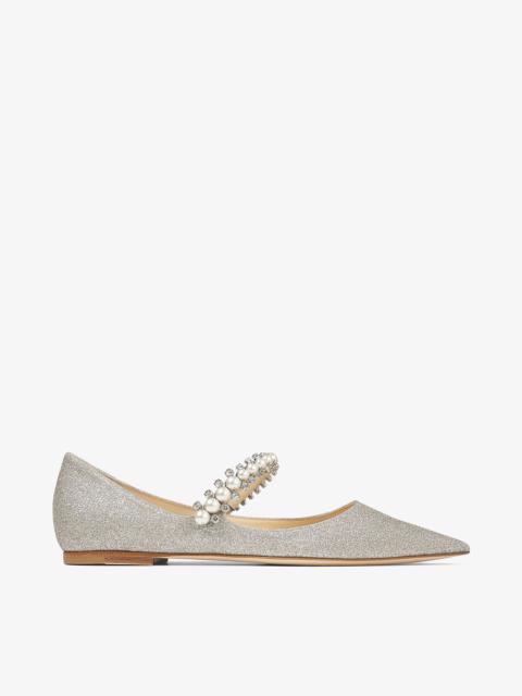 JIMMY CHOO Baily Flat
Platinum Ice Dusty Glitter Flats with Crystal and Pearl Strap