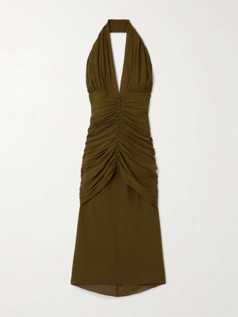 SAINT LAURENT Ruched silk-crepe halterneck dress