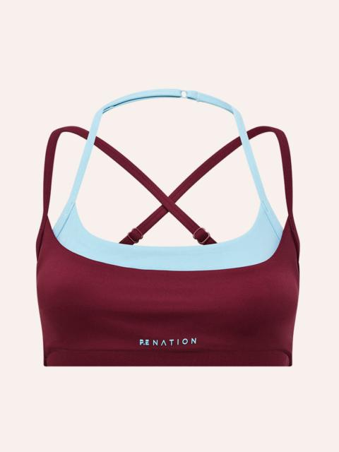 P.E NATION LUMINA SPORTS BRA IN BURGUNDY & SKY BLUE