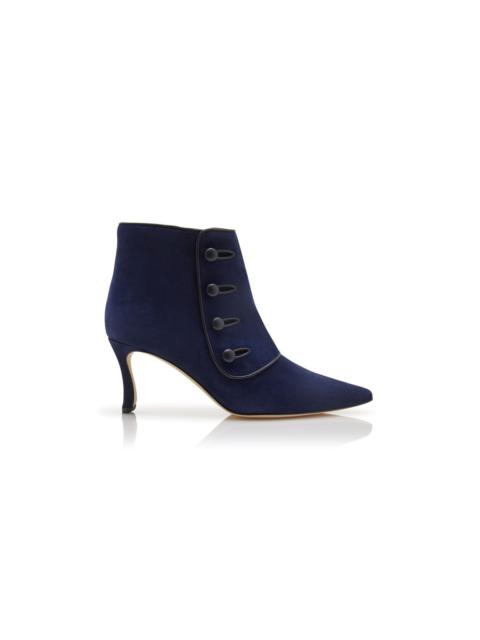 Manolo Blahnik Navy Blue Suede Button Detail Ankle Boots