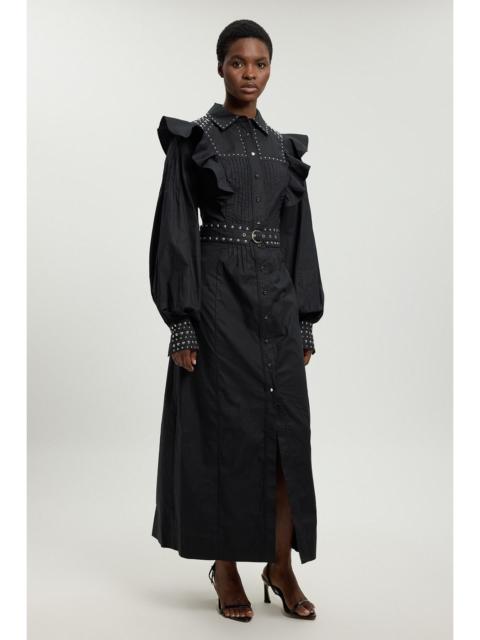 KAREN MILLEN Petite Cotton Sateen Drama Sleeve Studded Woven Maxi Shirt Dress
