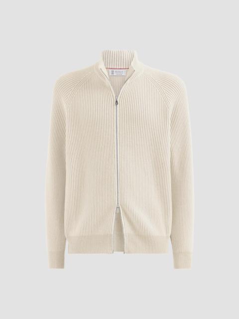 Brunello Cucinelli Men's Cashmere Vanisé English Rib High-Neck Cardigan with Zipper - Panama