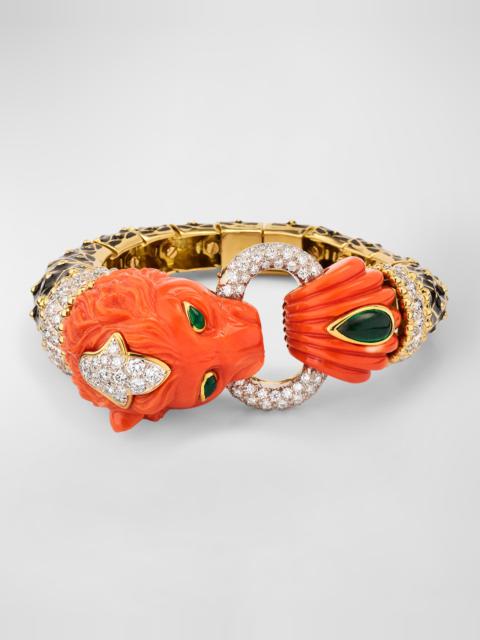 DAVID WEBB 18K Yellow Gold and Platinum Lion Bracelet with Coral, Emerald and Diamonds