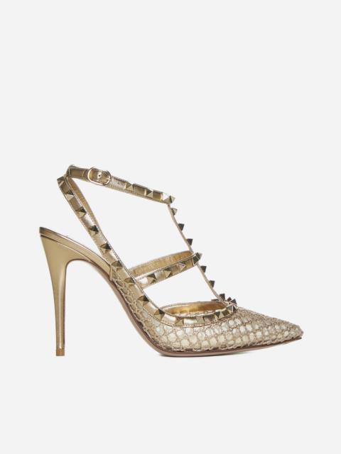 Rockstud mesh and leather pumps