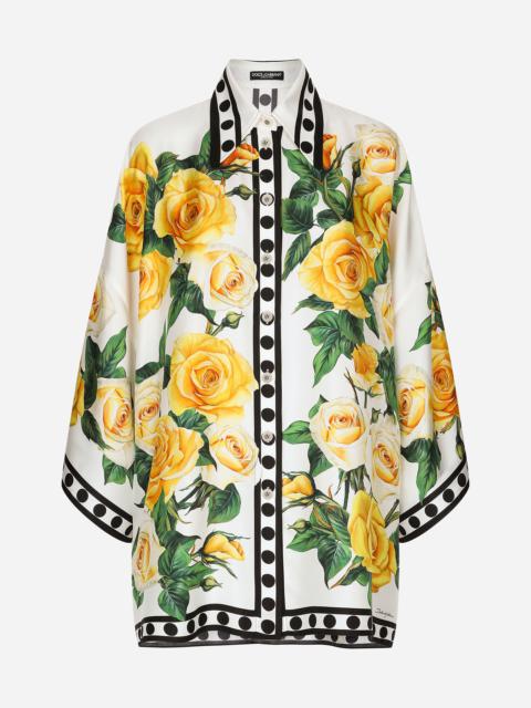 Oversize silk shirt with yellow rose print