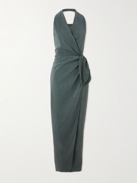 cortana Mona linen and silk-blend halterneck maxi wrap dress Green