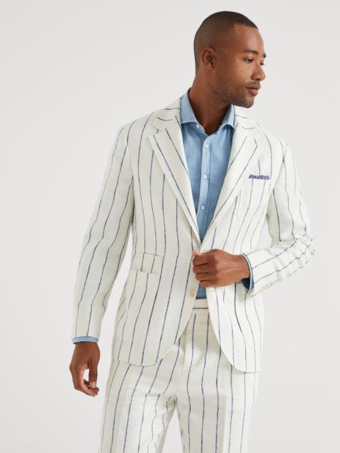 Linen, wool and silk chalk stripe deconstructed blazer with patch pockets
