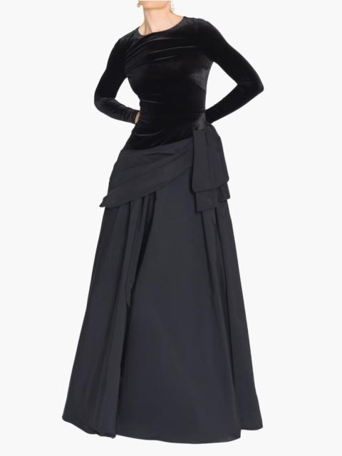 Marchesa STRETCH VELVET LONG SLEEVE DRAPED BOW GOWN