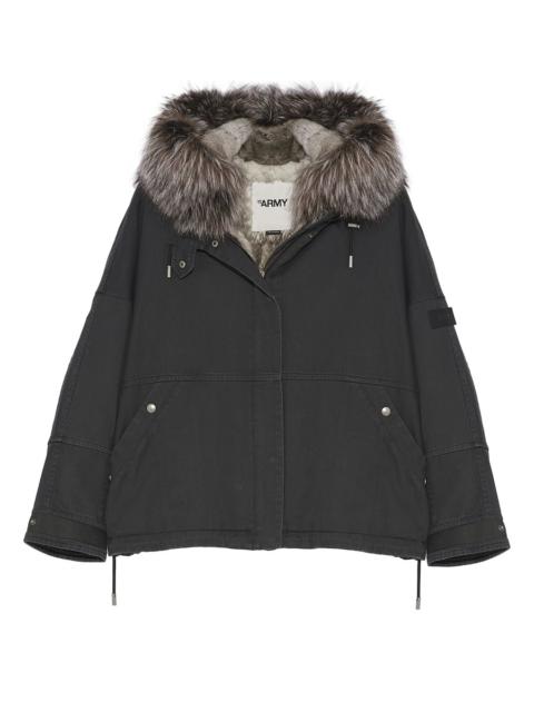 Box-cut cotton gabardine parka with fox and rabbit trim