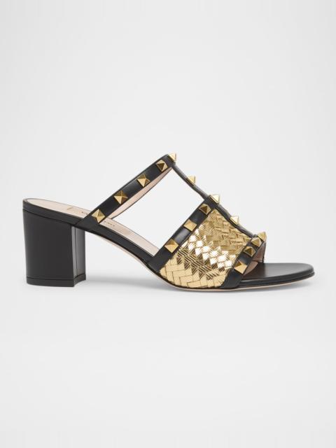 Valentino 60mm Rockstud Intreccio Metallic Nappa Leather Slide Sandals