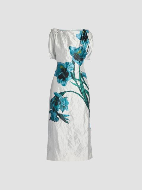Erdem FLORAL TEXTURED SATIN SHORT SLEEVE MIDI DRESS