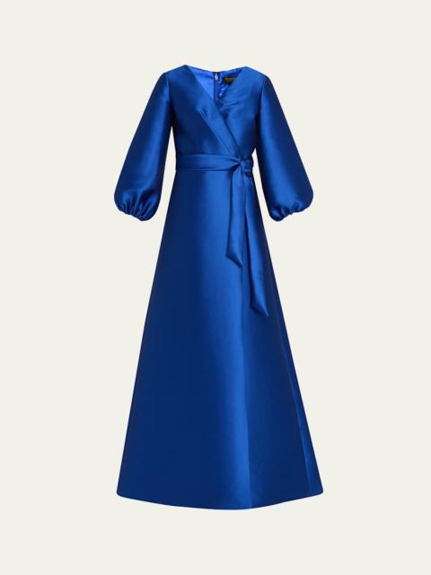 REEM ACRA Bishop-Sleeve Mikado Pique Wrap Gown