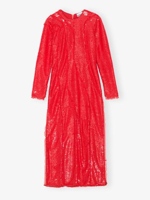 GANNI RED SEQUINS MAXI DRESS