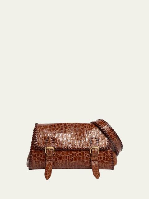 Dries Van Noten Medium Double Buckle Croc-Embossed Messenger Bag