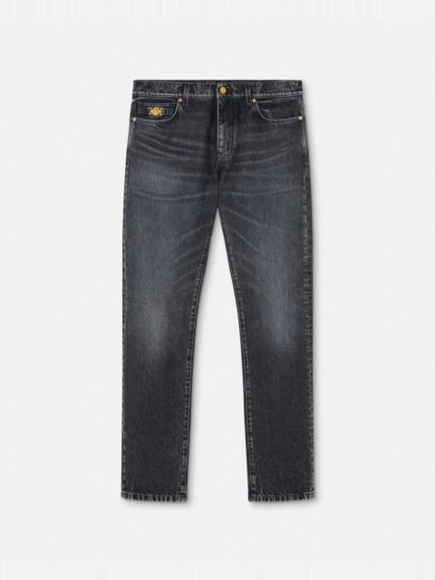 【送料&関税込】Versace Slim Denim Pants Piece Number Slim Jeans Black | VERSACE US