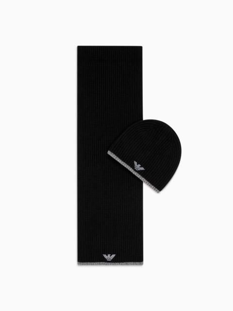 EMPORIO ARMANI Hat and scarf set with embroidered eagle