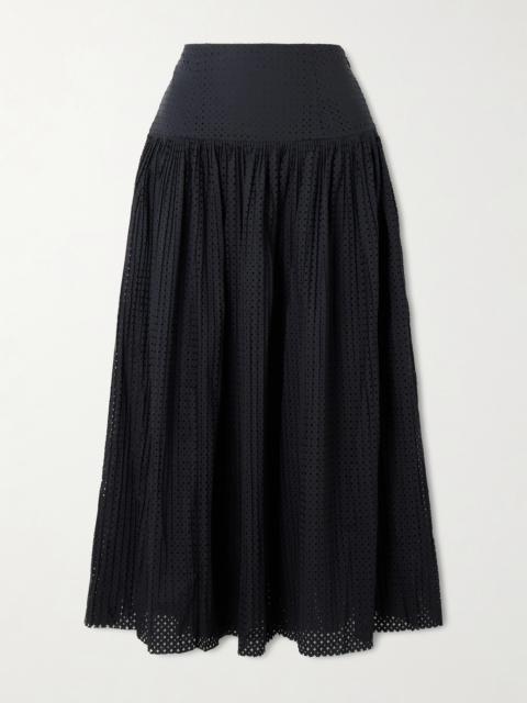 ULLA JOHNSON Nalla Pleated Perforated Cotton Midi Skirt