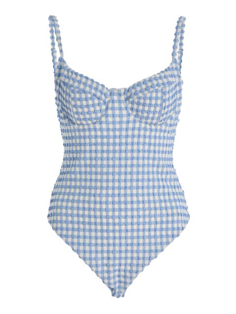 SIMKHAI Suni Gingham Seersucker One-Piece Swimsuit blue
