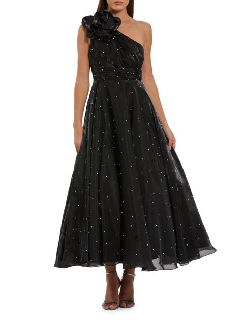 MAC DUGGAL Women's Pearl Beaded Organza One-Shoulder Tea-Length Dress - Black Ivory