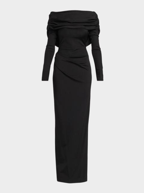 LELA ROSE Off-The-Shoulder Satin Jersey Draped Backless Gown