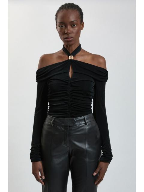 KAREN MILLEN Drapey Crepe Off The Shoulder Ruched Metal Hardware Top