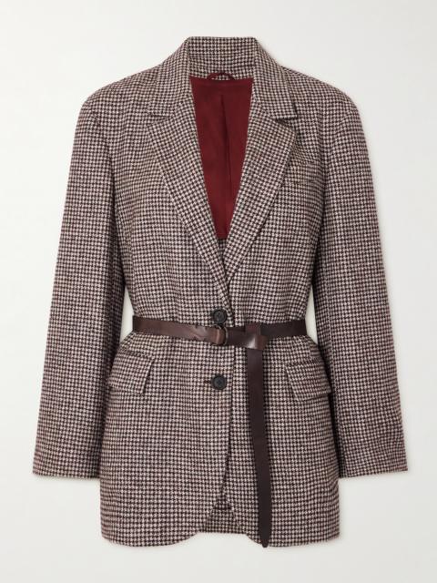 Brunello Cucinelli Belted Bead-embellished Houndstooth Wool-blend Jacket