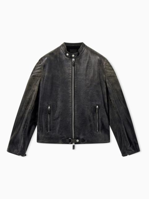 EMPORIO ARMANI SHINY LEATHER BLOUSON WITH QUILTED SHOULDERS AND A ZIP