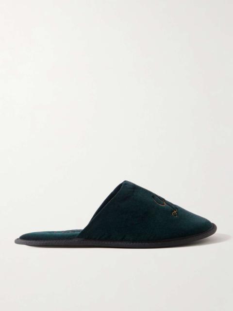 FRAME + Ritz Paris Late Checkout embroidered velvet slippers Navy