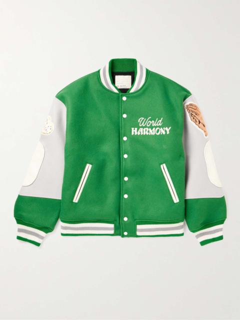 Logo-Embroidered Wool-Blend and Leather Varsity Jacket