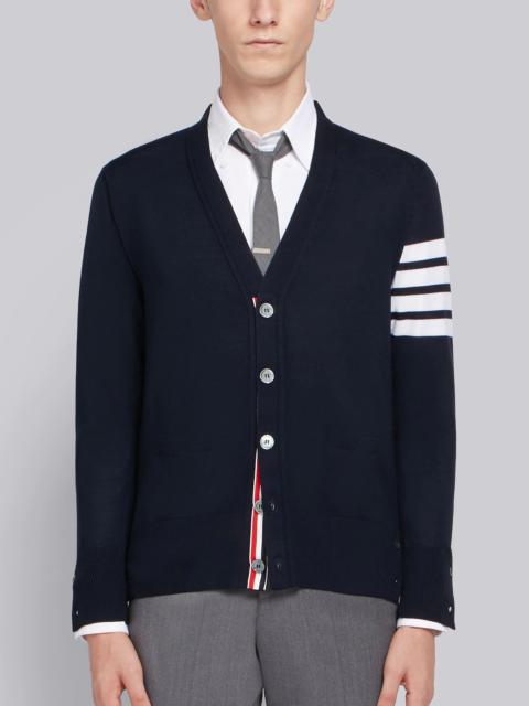 Thom Browne Navy Merino Wool Knit 4-Bar Classic V-Neck Cardigan