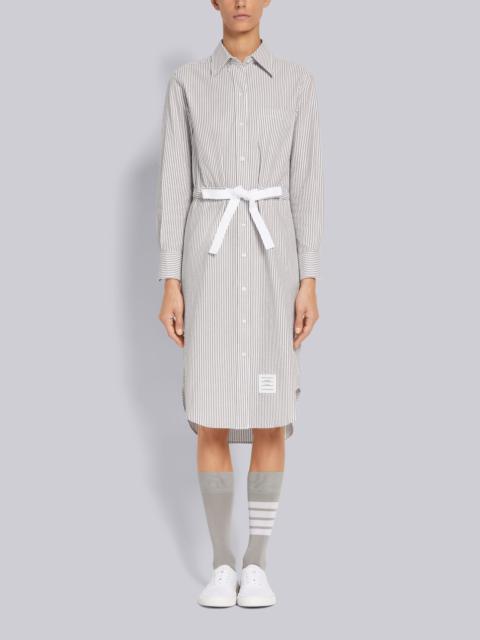 Thom Browne Medium Grey Cotton Seersucker Grosgrain Belt Long Sleeve Below the Knee Shirtdress