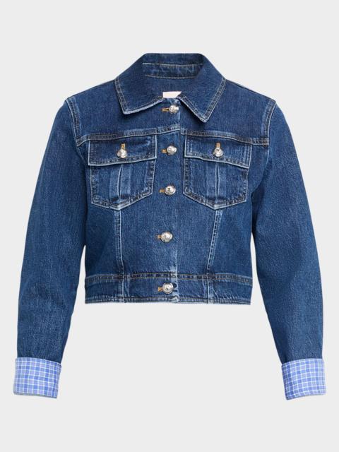 Cinq à Sept Lexie Gingham-Cuff Cropped Denim Jacket